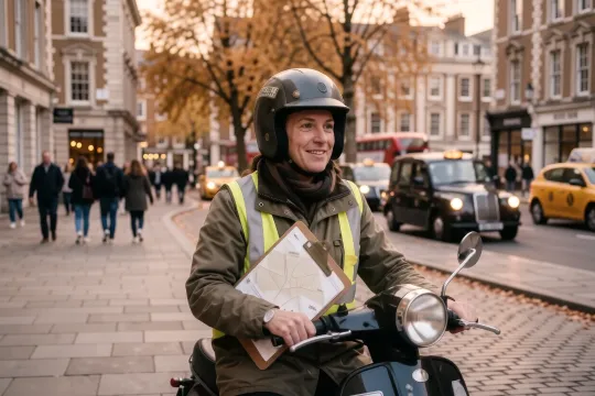 Knowledge of London student on a moped at dawn in Bloomsbury